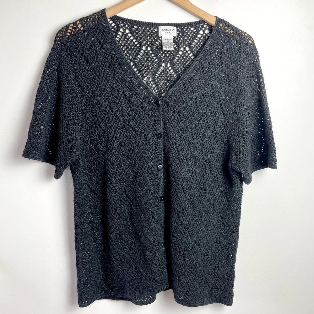 Vintage 90s Crochet Lace Sheer Button Up Top 2X Black Fairy Grunge Whimsigoth